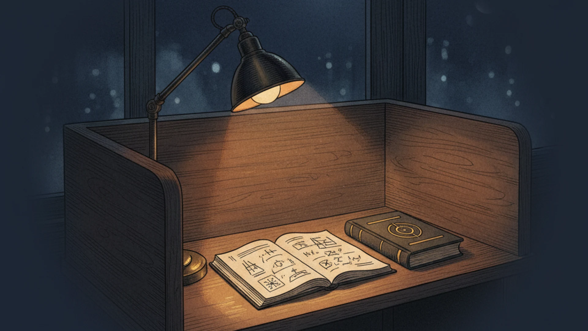 夜に静かな個室ブースで学習する自習室の雰囲気イラスト